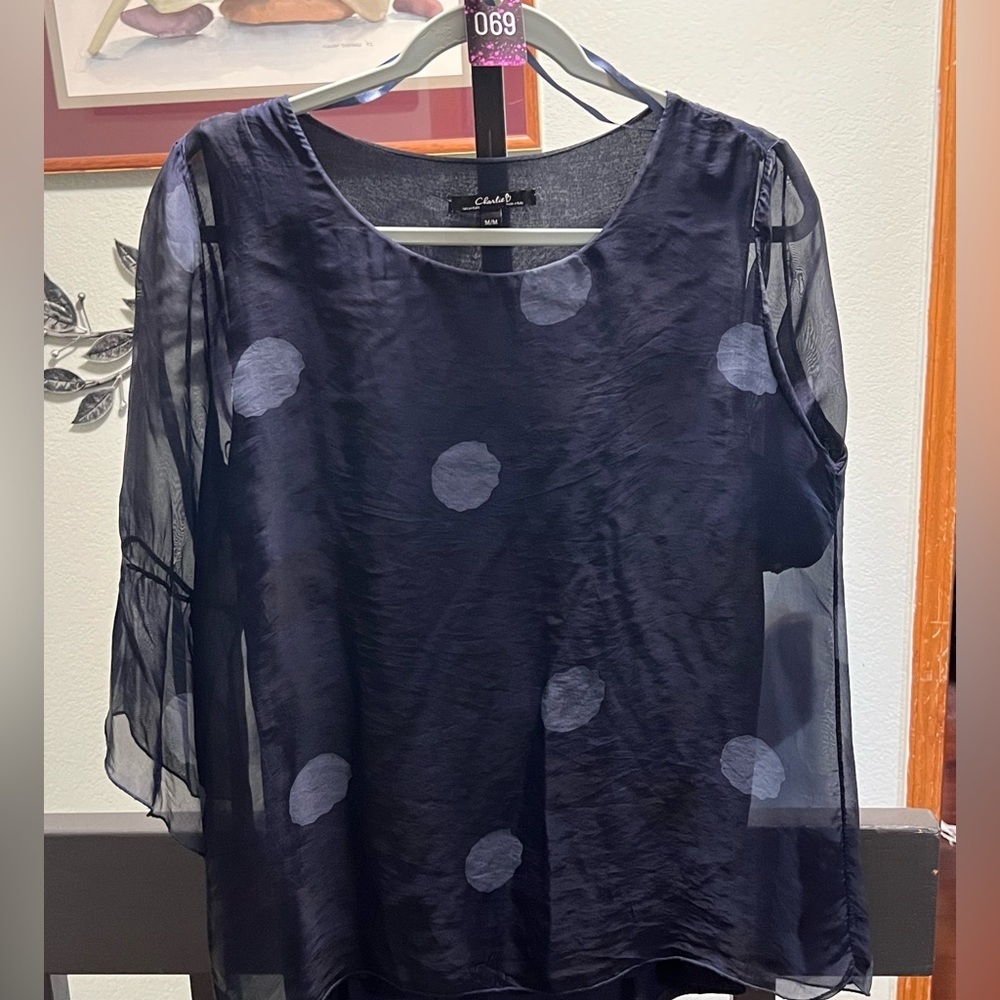 CHARLIE B Black Sheer Polka Dot Blouse 3/4 Sleeves #069